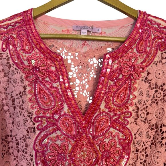 Calypso St. Barth Floral Crochet Tunic Top Size S Embroidered Sequins Tasseled - Picture 3 of 16